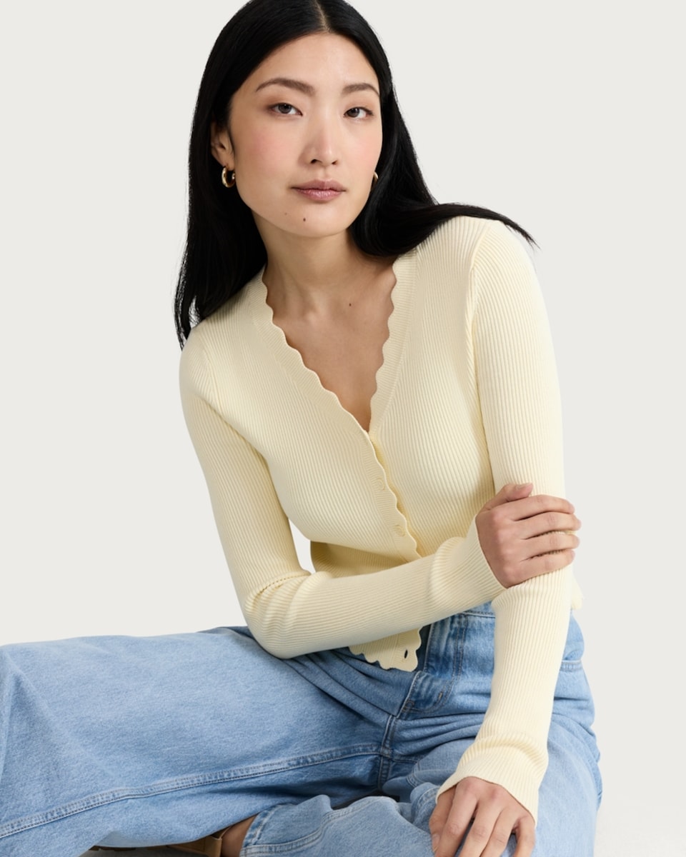 image 1 of F&F Ribbed Scalloped Edge Button Up Cardigan in Yellow