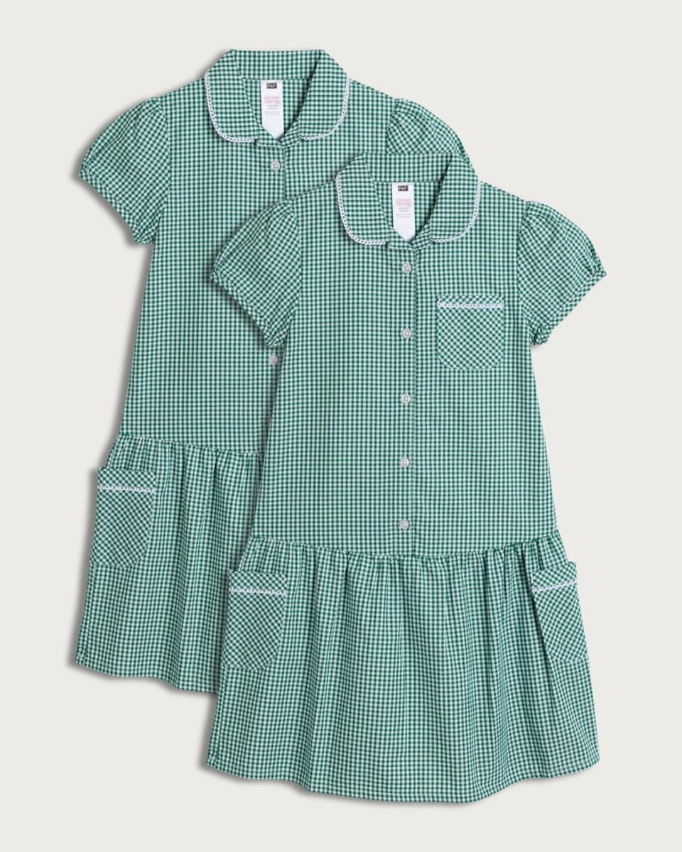 F&F School Girls 2-Pack Cotton Rich Gingham Short Sleeved Dresses in Green