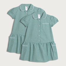 F&F School Girls 2-Pack Cotton Rich Gingham Short Sleeved Dresses in Green