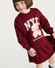 image 1 of F&F Girls Cotton Rich NYC Teddy Bear Sweatshirt Dress in Burgundy
