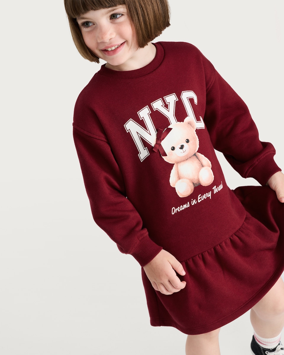 image 1 of F&F Girls Cotton Rich NYC Teddy Bear Sweatshirt Dress in Burgundy