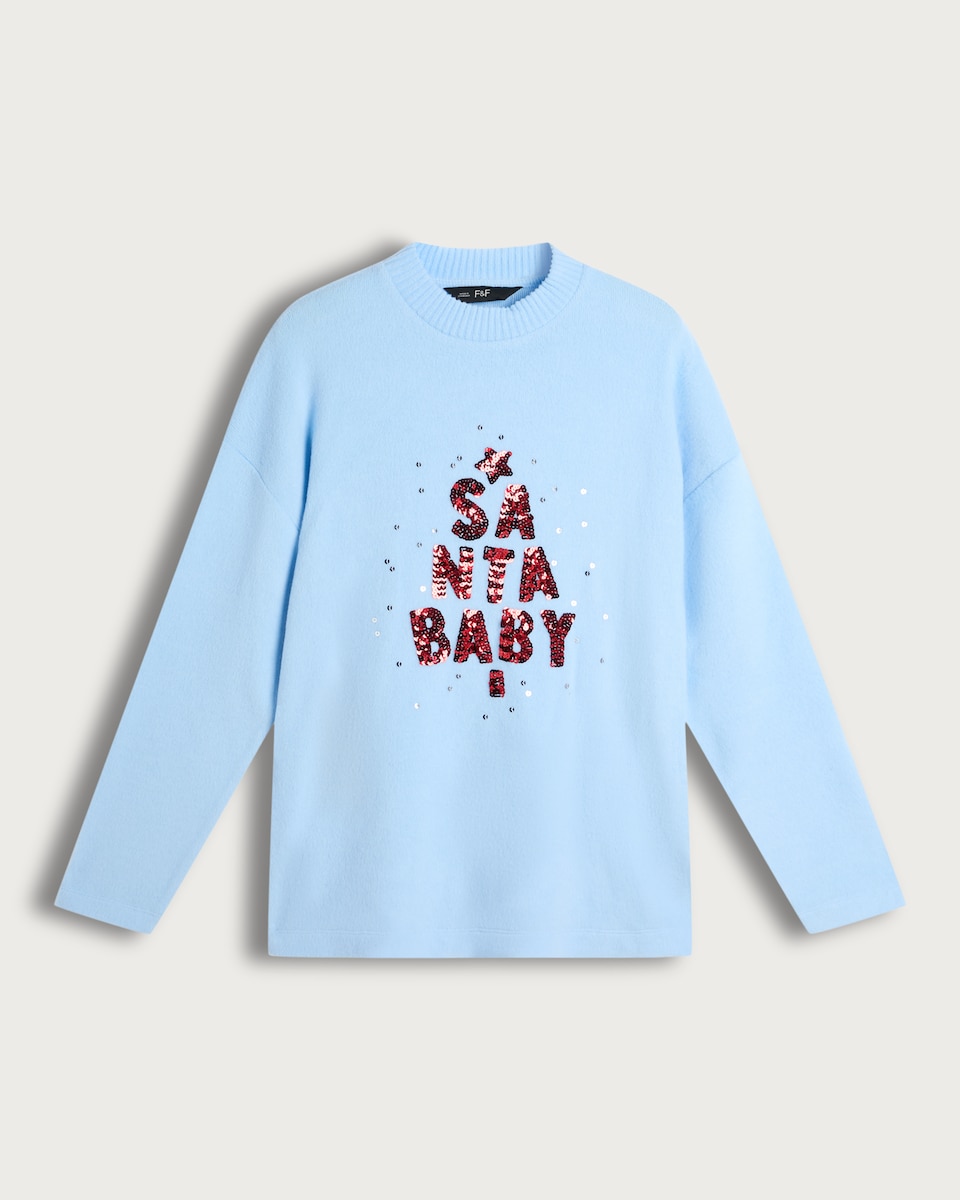 F&F Santa Baby Sequin Slogan Jumper in Blue