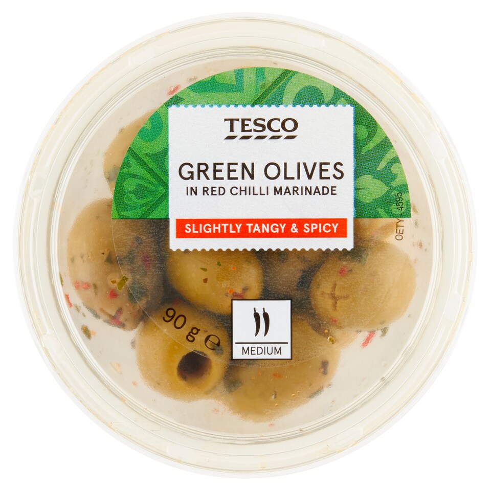 Tesco Green Olives in Red Chilli Marinade 90g