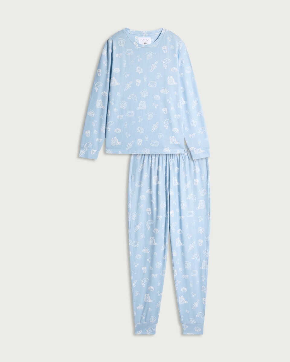 image 1 of F&F Textured Breakfast Print Pyjama Set in Multi Blue