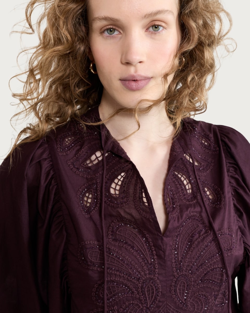 image 1 of The F&F Edit Pure Cotton Embroidered Blouse in Burgundy