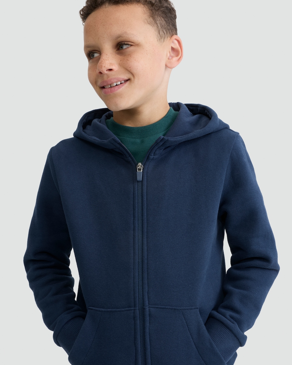 image 1 of F&F Boys Cotton Rich Pocket Front Zip Through Hoodie in Navy