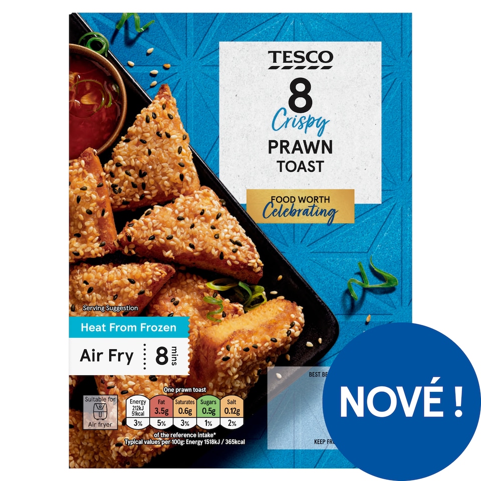 Tesco Mleté krevety se zeleninou na bílém chlebu ozdobené sezamovými semínky 8 ks 120g