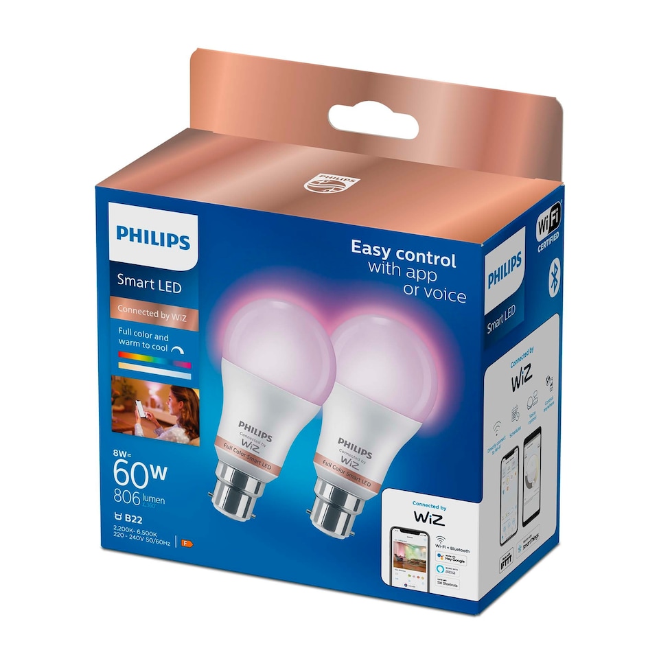 image 1 of Philips Smart Led Full Colour 60W B22 Twin Pack