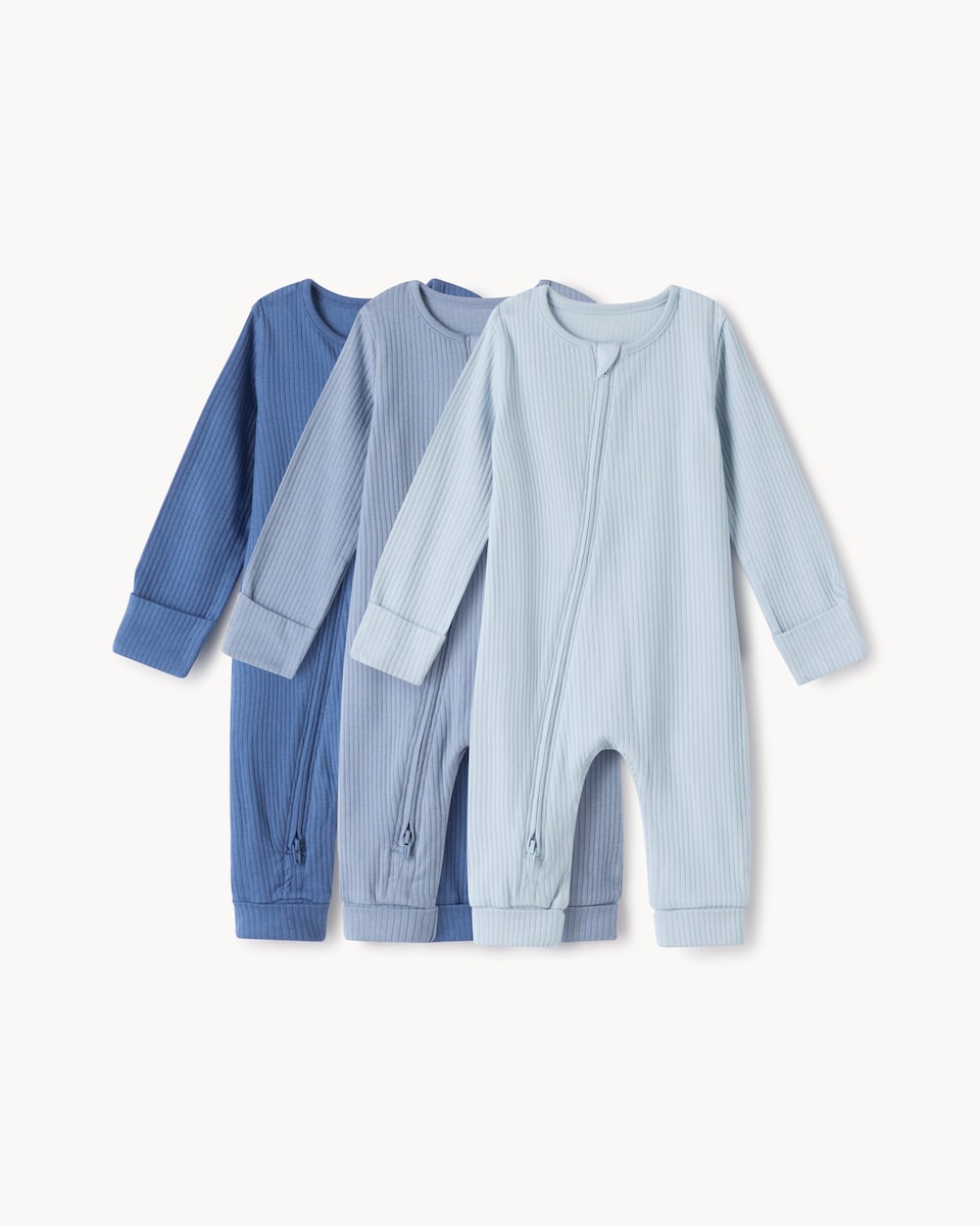 image 1 of F&F Baby 3-Pack Baby Ribbed Long Sleeved Sleepsuits in Blue