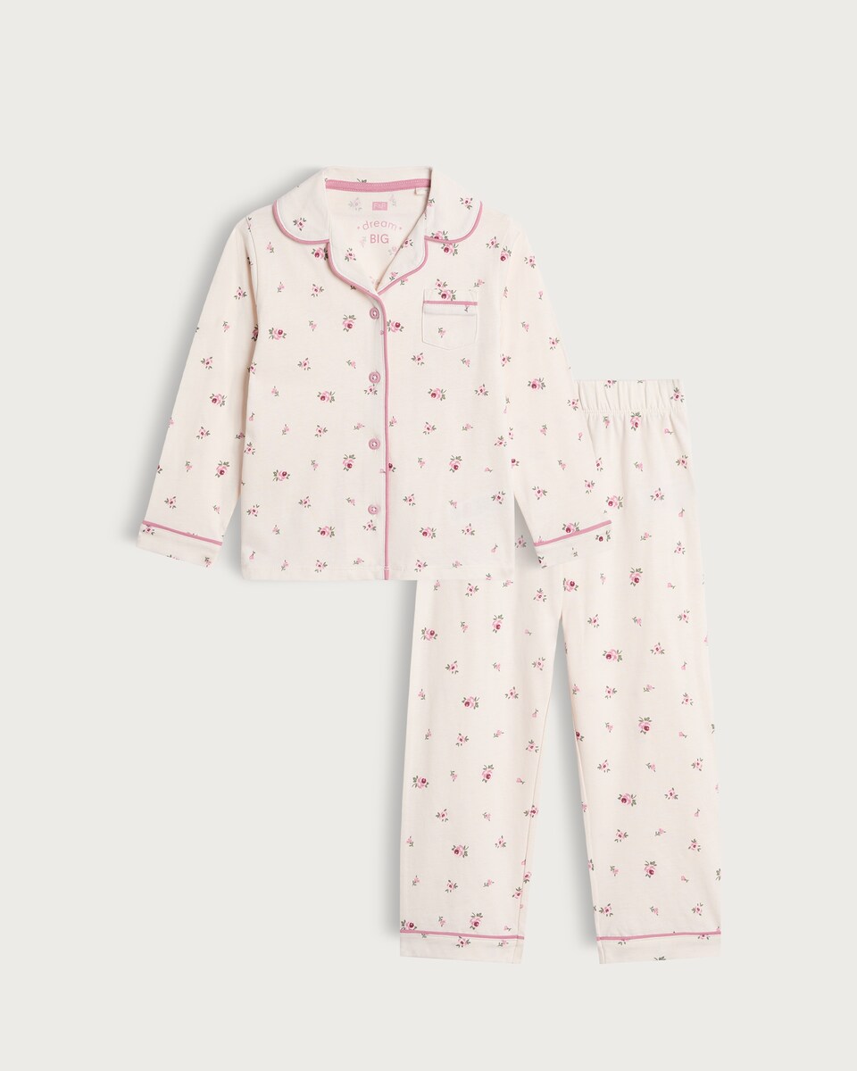 image 1 of F&F Girls Pure Cotton Floral Print Revere Pyjama Set in Cream