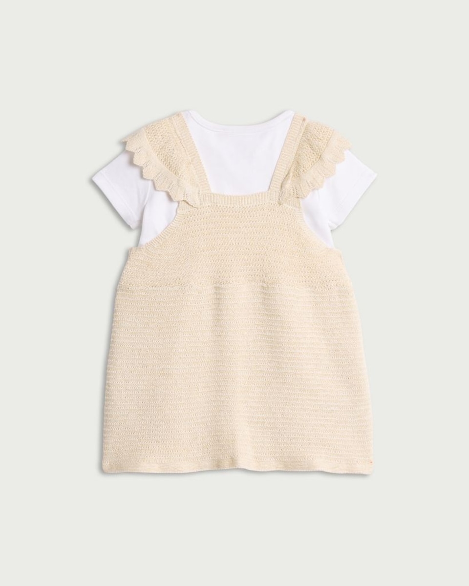 image 1 of F&F Baby 2-Piece Cotton Rich Knitted Ruffled Dress and Bodysuit Set in Gold