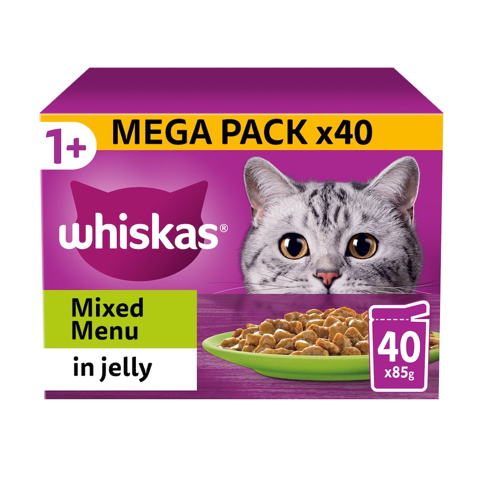 image 1 of Whiskas Adult Wet Cat Food Pouches Mixed Menu in Jelly 40x85g