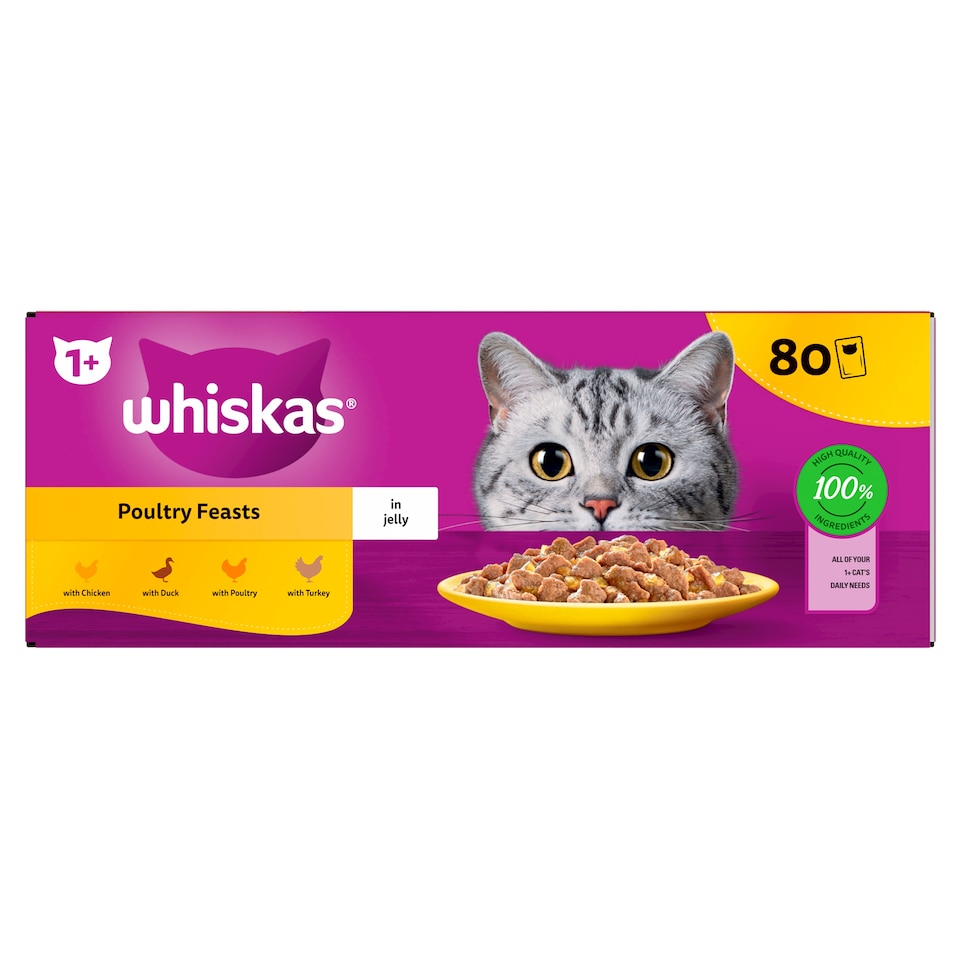 Whiskas Adult Cat Food Pouches Poultry Feasts in Jelly 80x85g