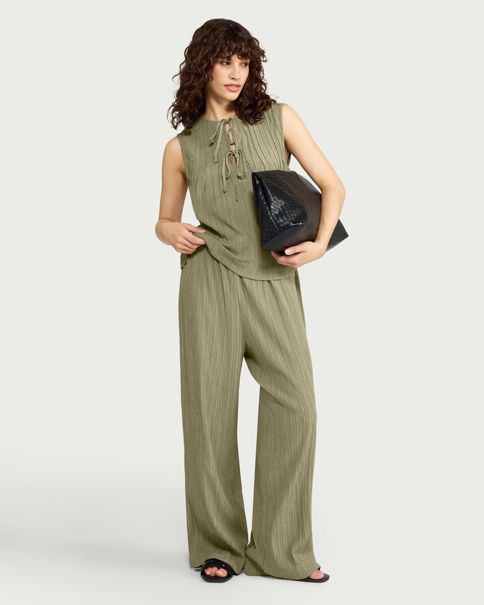image 1 of F&F Crinkle Textured Wide Leg Co-ord Trousers in Green