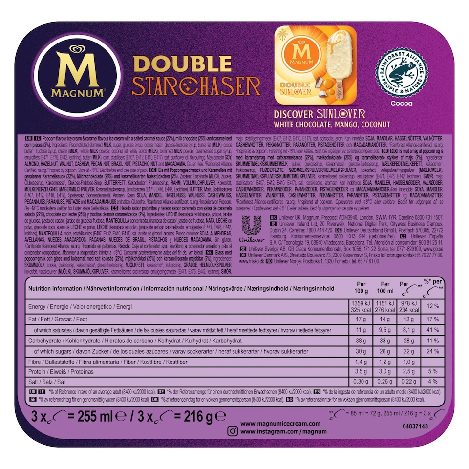 image 1 of Magnum Starchaser Chocolate, Caramel & Popcorn Ice Cream Sticks 3x85ml