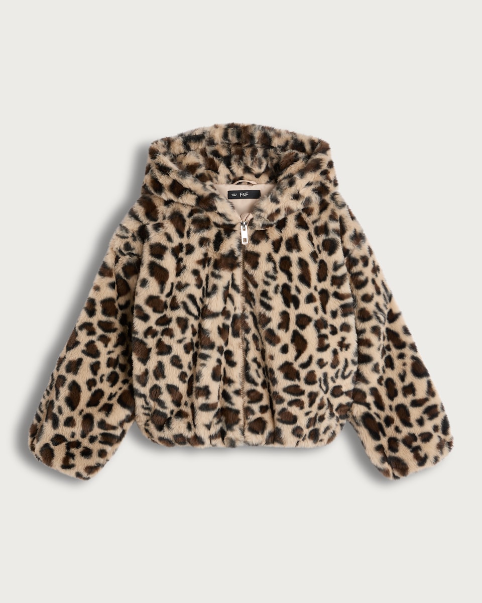 image 1 of F&F Girls Fleece Leopard Print Hooded Jacket in Multi Brown