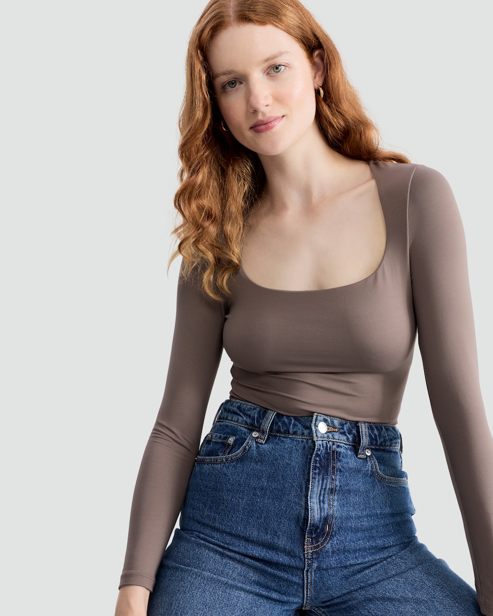 image 1 of F&F Polyamide Square Neck Long Sleeved Bodysuit in Tan