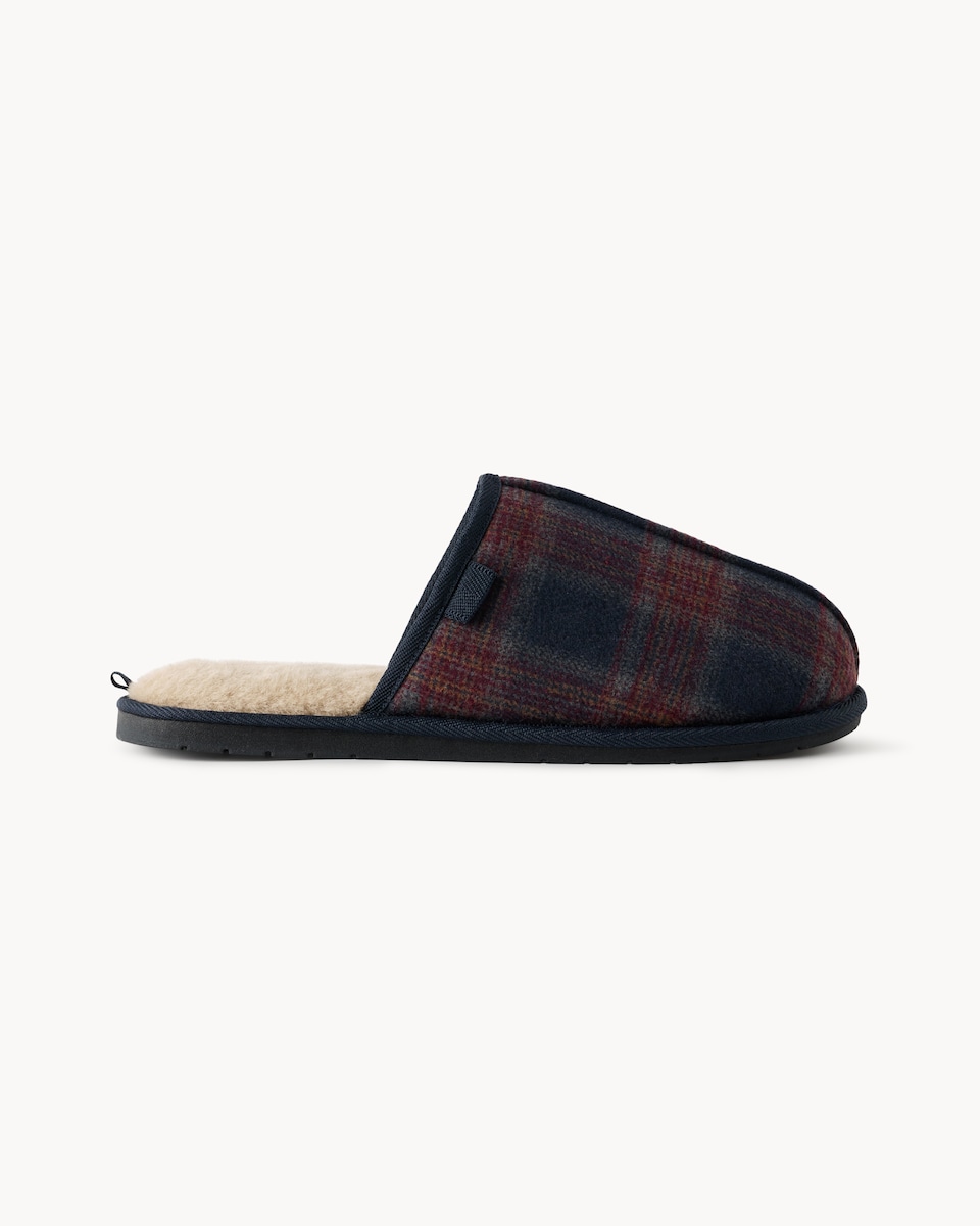 image 1 of F&F Faux Fur Lined Checked Mule Slippers in Blue