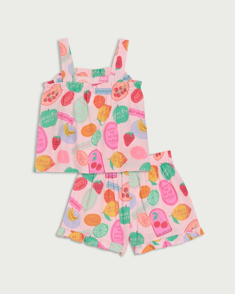 image 1 of F&F Girls Pure Cotton Fruit Print Short Pyjama Set in Pink