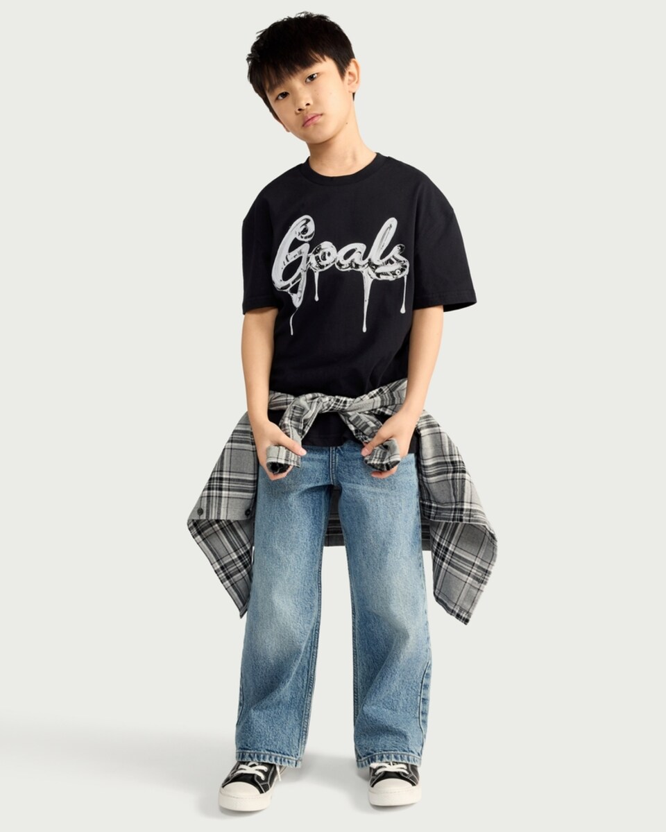 image 1 of F&F Boys Pure Cotton Goals Print T-Shirt in Black