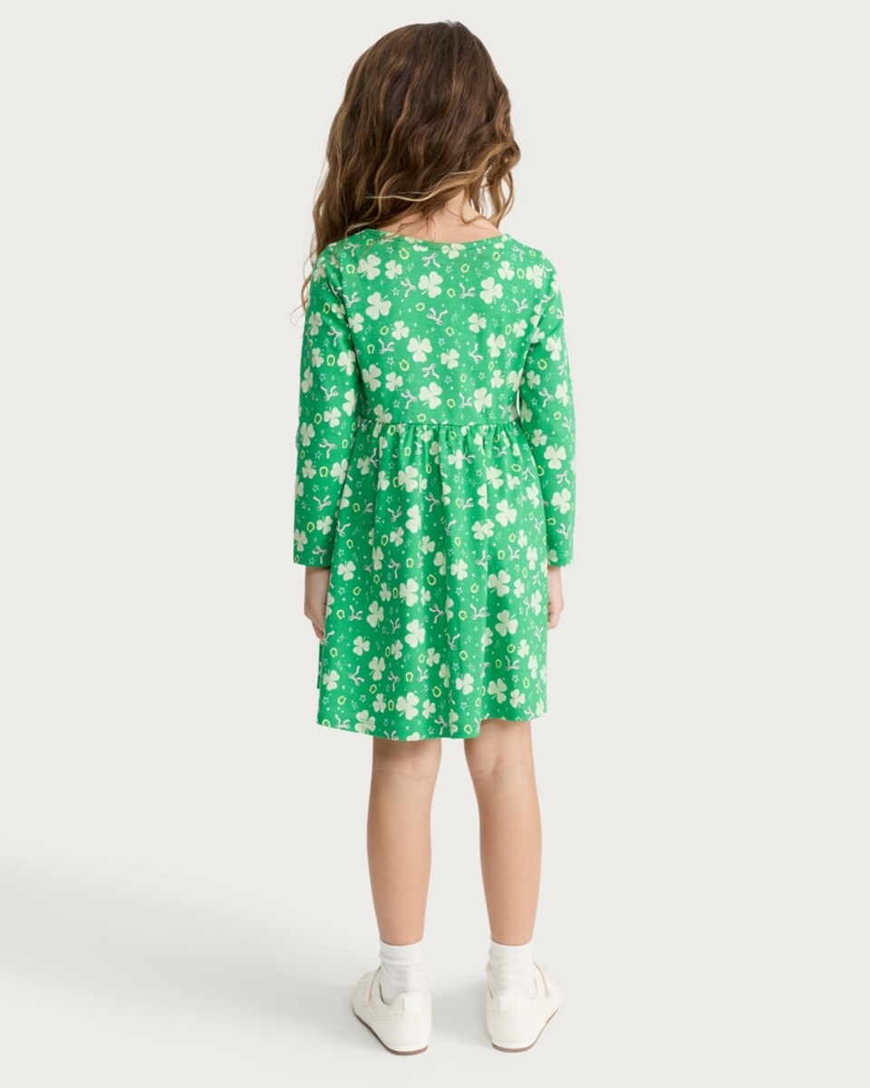 image 1 of F&F Girls Pure Cotton St Patrick’s Day Long Sleeved Dress in Green