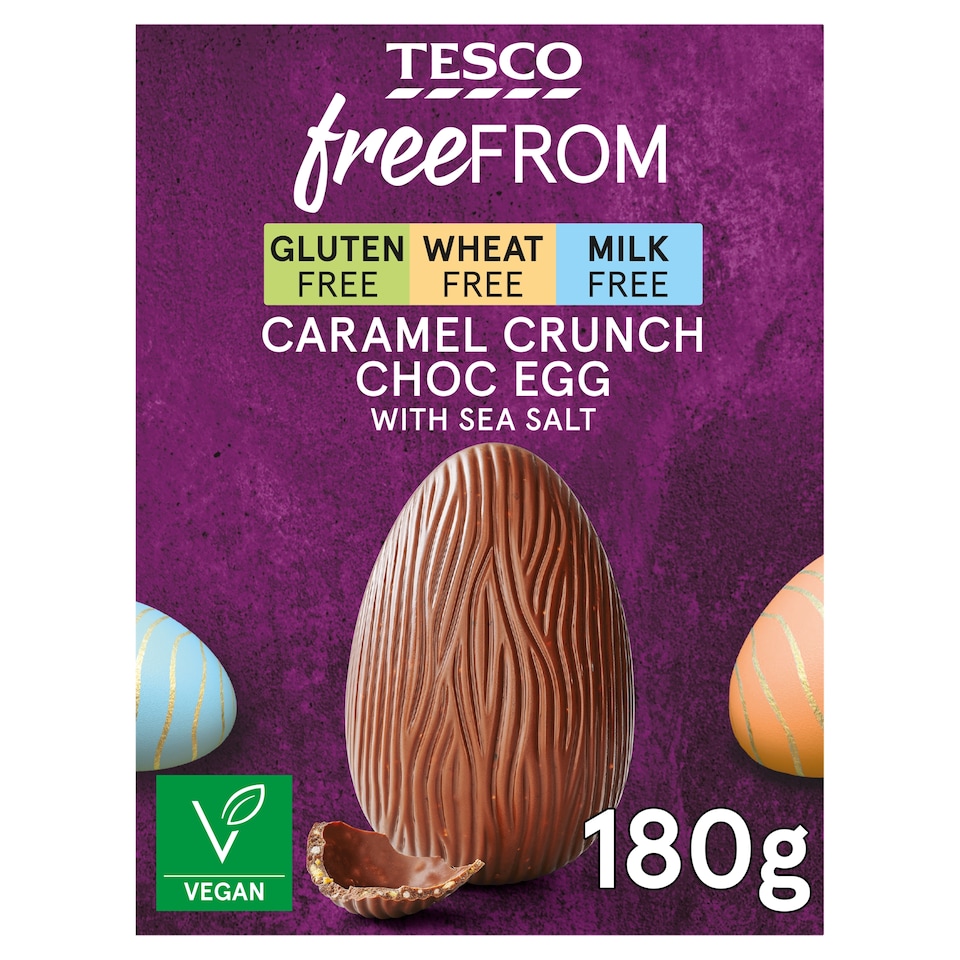 image 1 of Tesco Free From Caramel Crunch Choc Egg With Sea Salt 180g