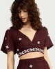 image 1 of F&F Embroidered Tie-Back Co-ord Wrap Top in Burgundy