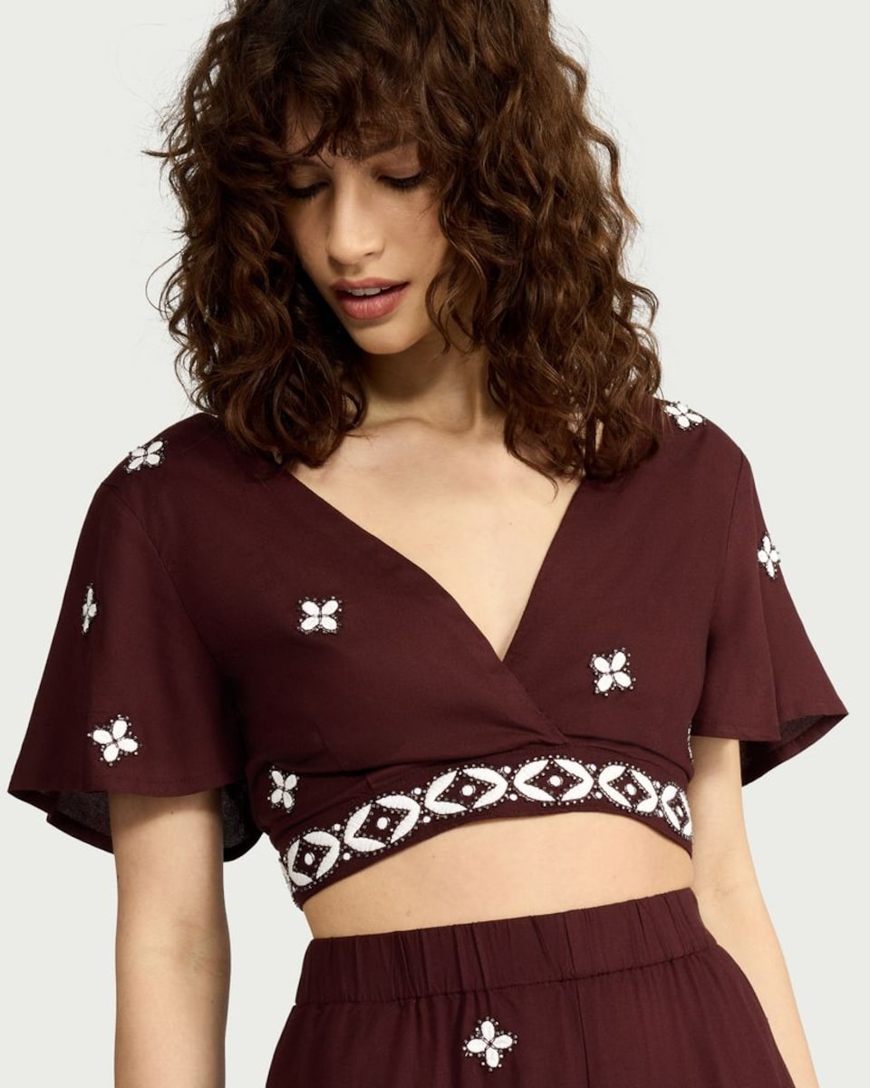image 1 of F&F Embroidered Tie-Back Co-ord Wrap Top in Burgundy