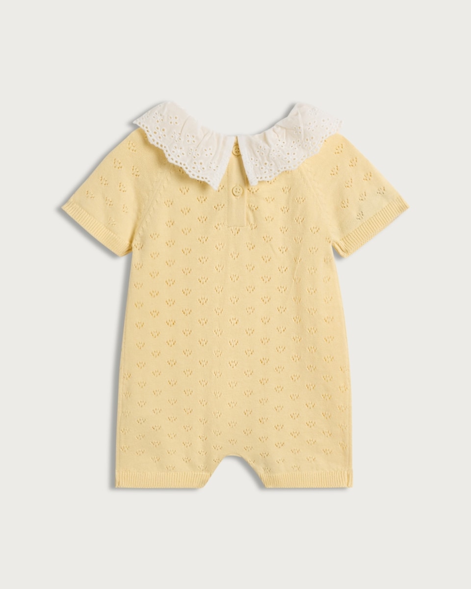 image 1 of F&F Baby Pure Cotton Pointelle Short Sleeved Romper in Yellow