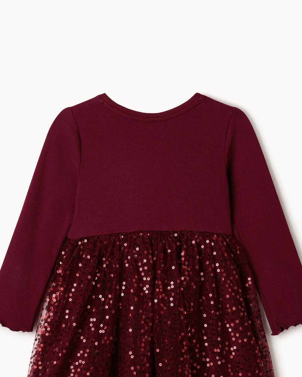 image 1 of F&F Girls Sequin Tulle Dress in Burgundy