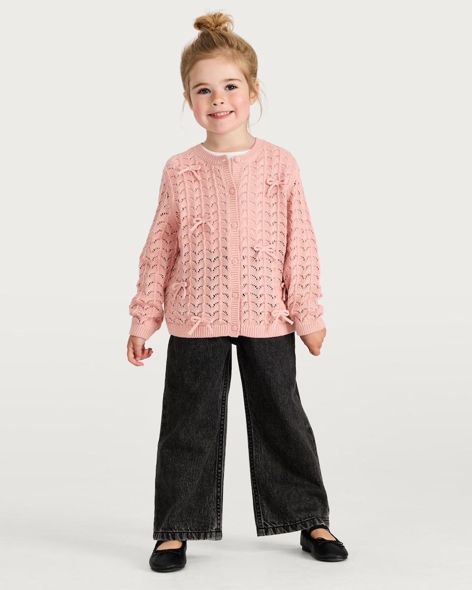 image 1 of F&F Girls Pure Cotton Bow Detail Knitted Cardigan in Pink