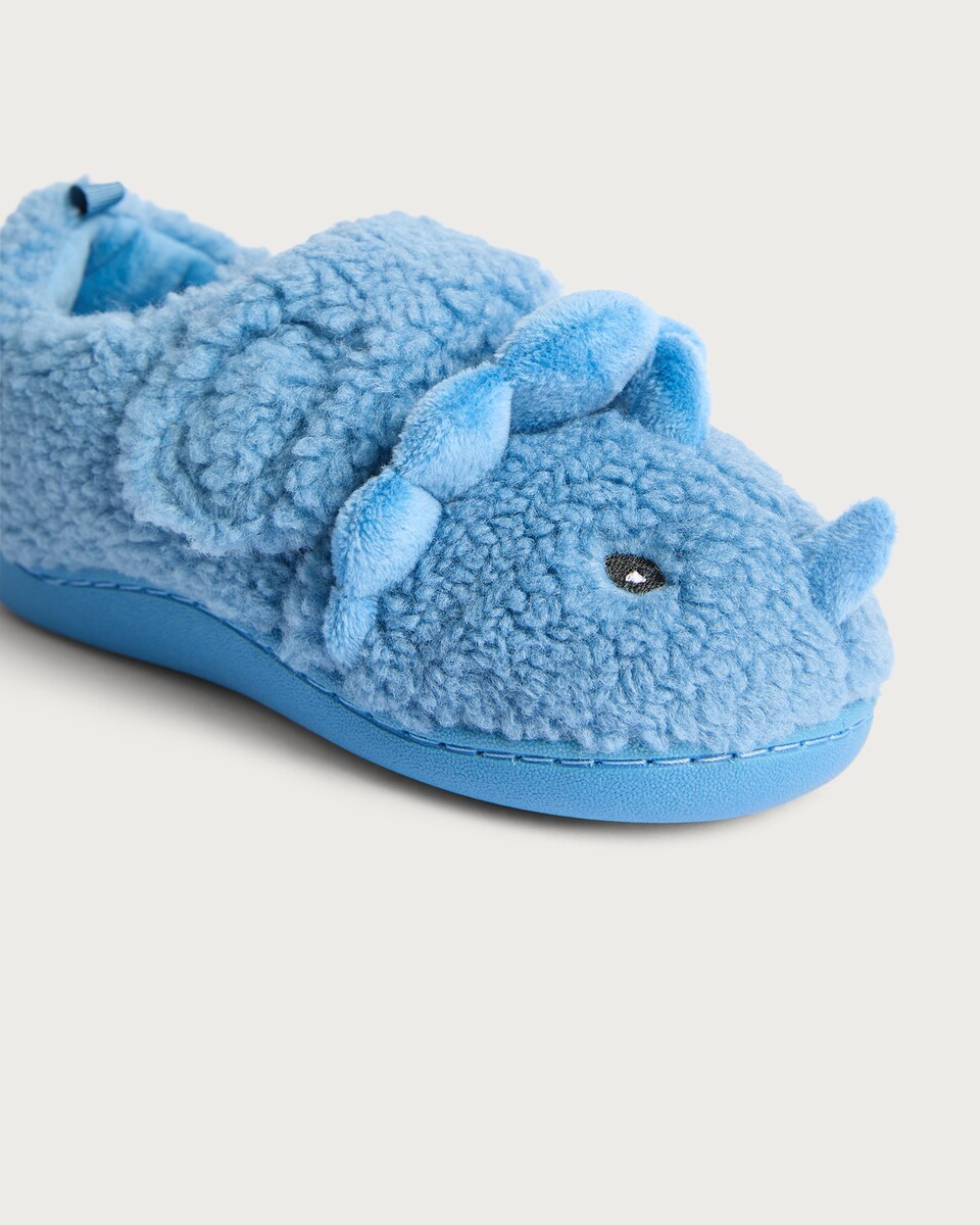 image 1 of F&F Boys Fleece Textured Triceratops Slippers in Blue