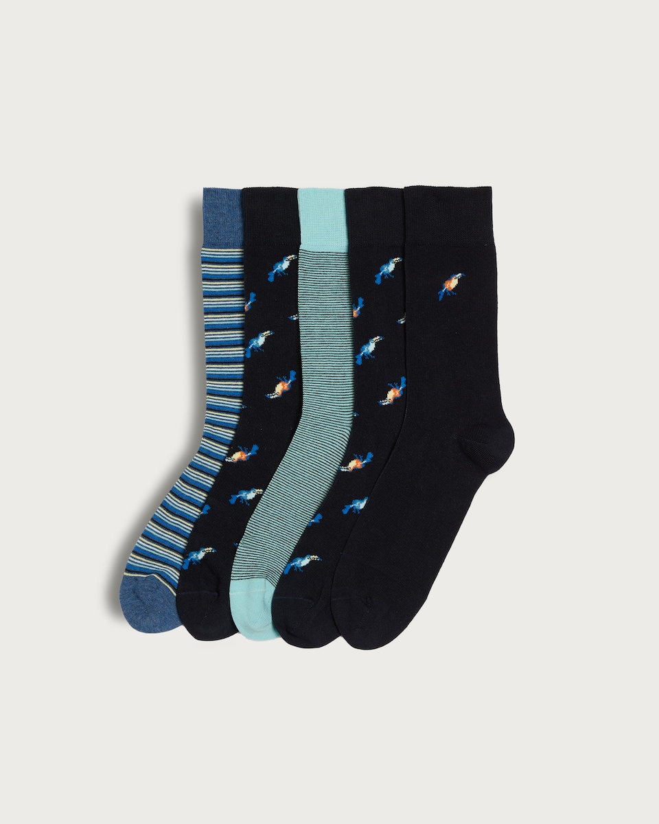F&F 5-Pack Cotton Rich Toucan and Stripe Ankle Socks in Navy