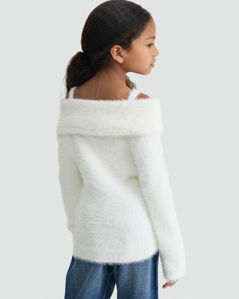 image 1 of F&F Girls Off-Shoulder Fluffy Jumper in Cream