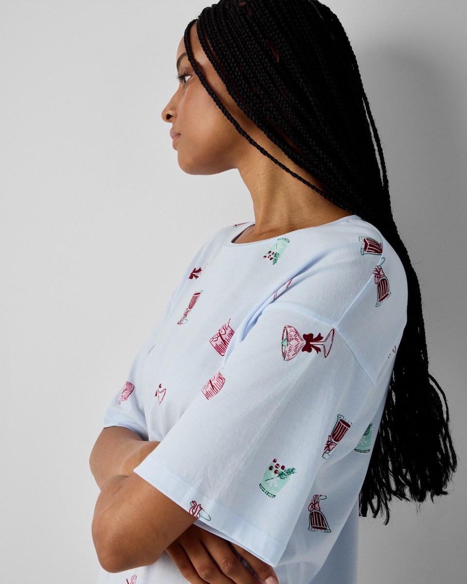image 1 of F&F Pure Cotton Cocktail Print Pyjama Nightdress in Blue
