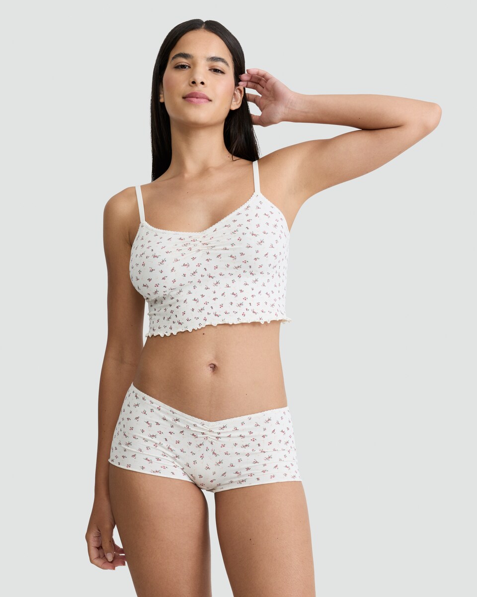 image 1 of F&F 2-Piece Contour Seamfree Pointelle Floral Print Camisole and Short Set in Cream