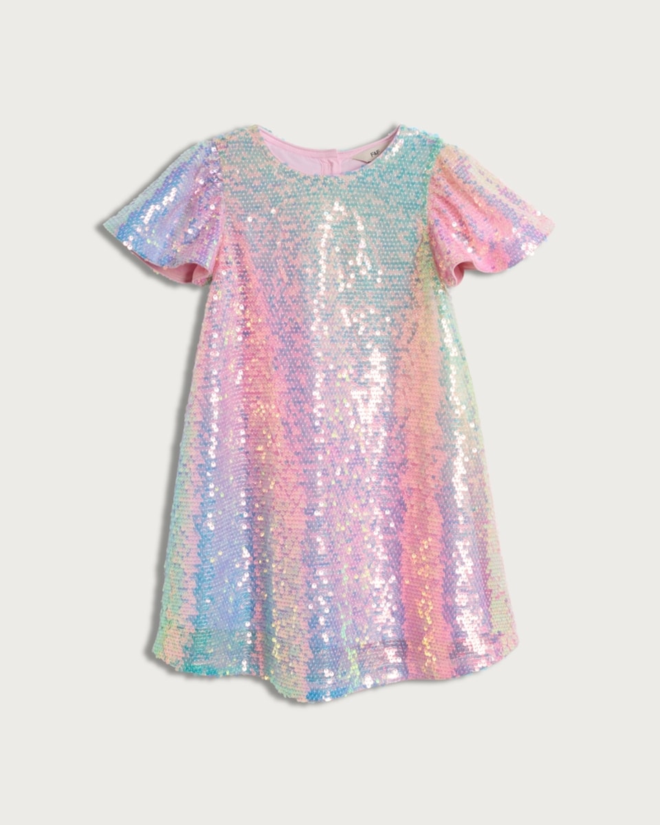 image 1 of F&F Girls Rainbow Sequin Embellished Short Sleeved Dress in Multi