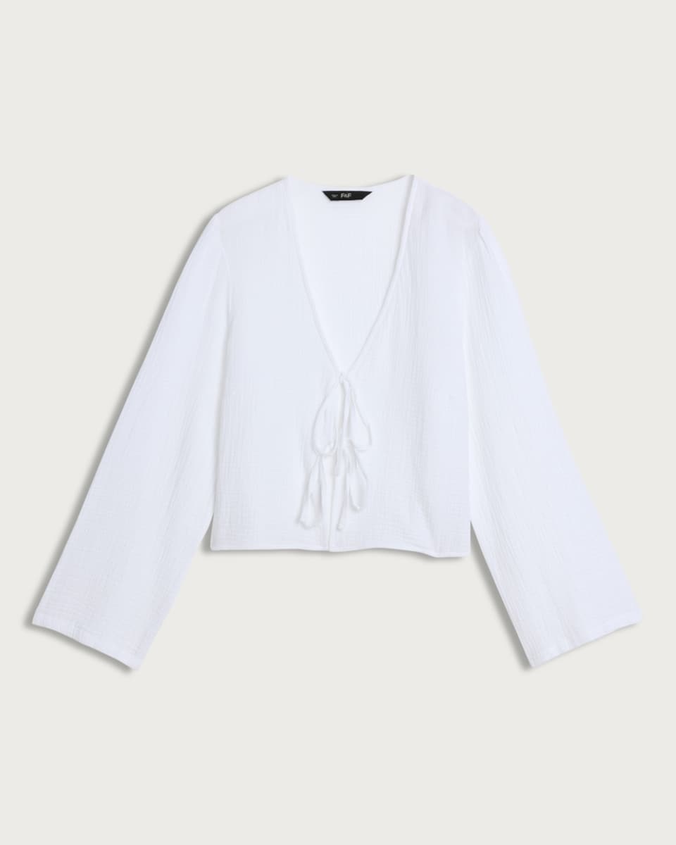 image 1 of F&F Pure Cotton Tie Front Blouse in White