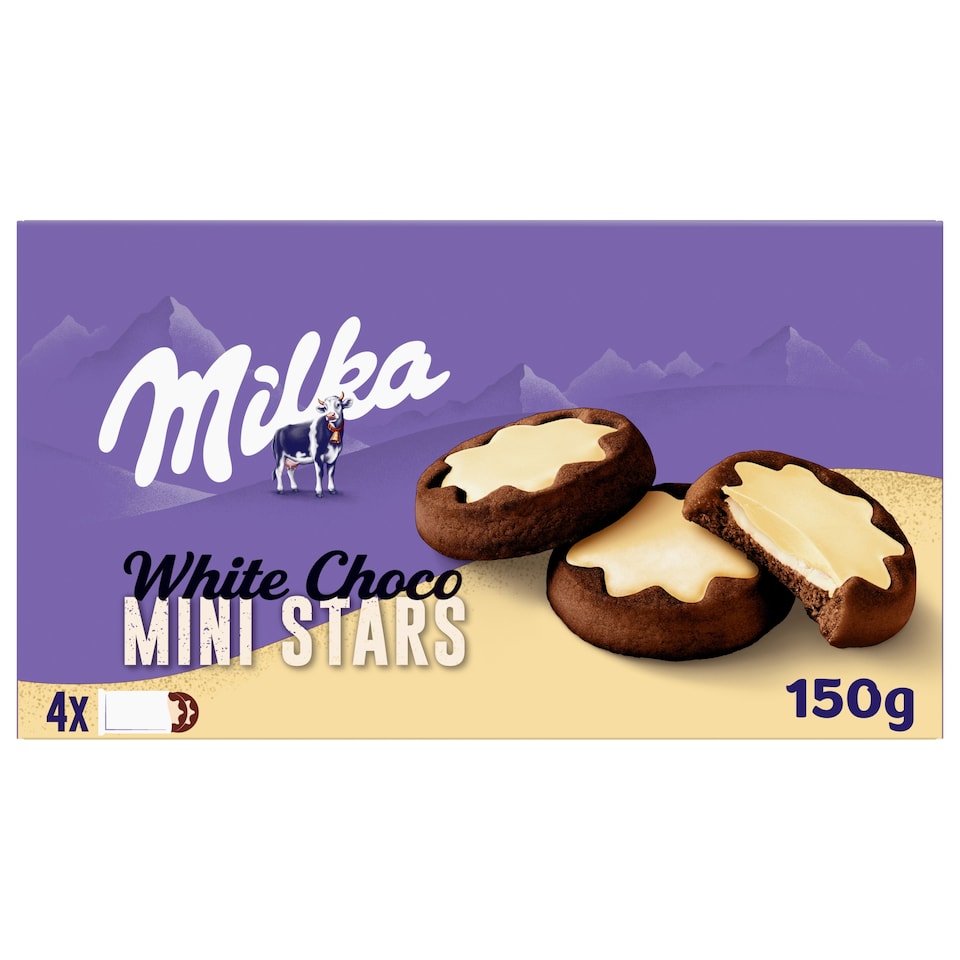 Milka sušenky White Choco Mini Stars kakaové, mléčná náplň a bílá čokoláda 150g