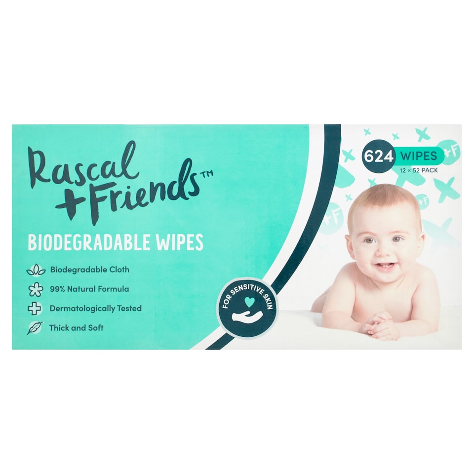 Rascals Premium Sensitive Wipes, Biodegradable | 12 x 52 (624) Baby Wipes