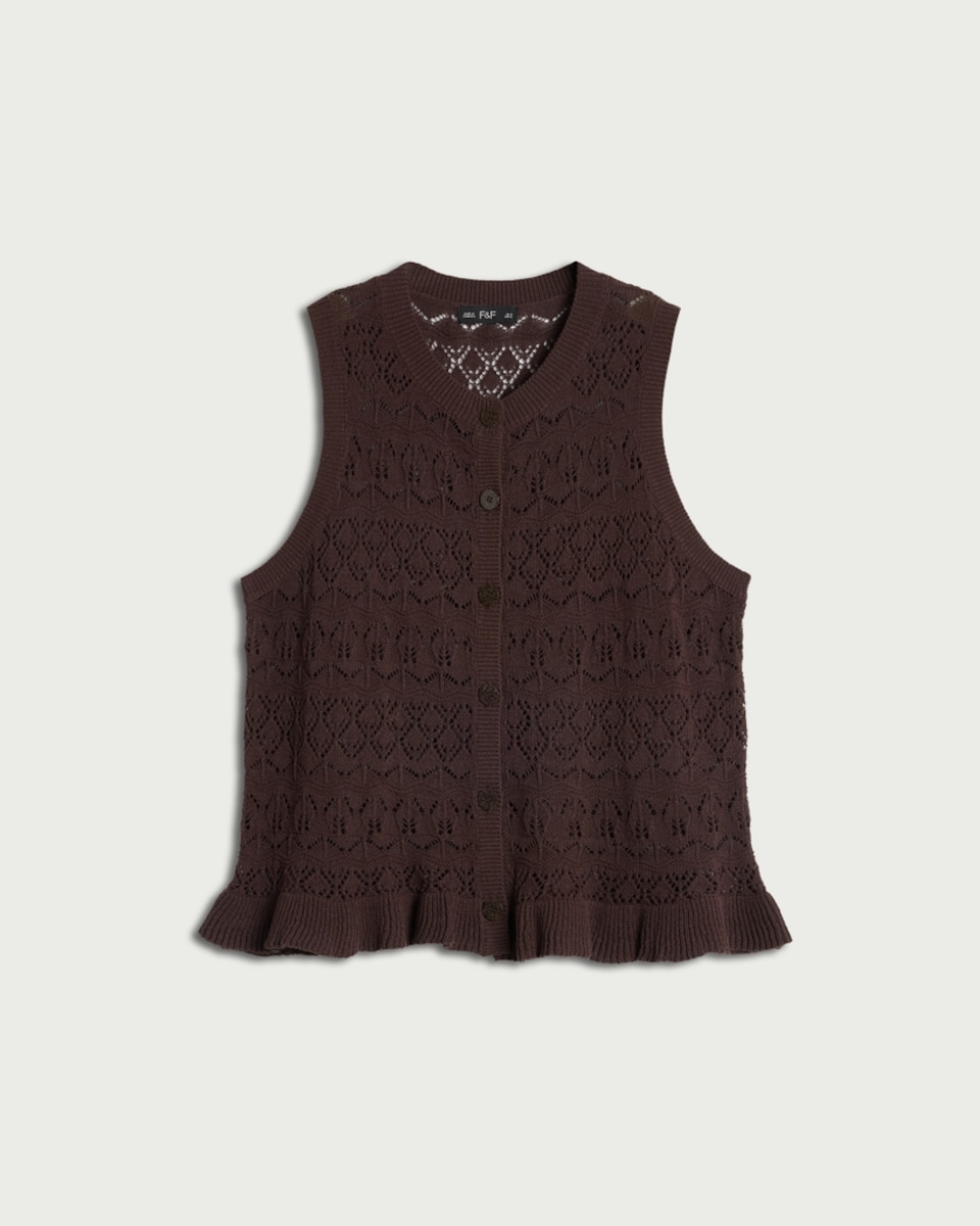 image 1 of F&F Cotton Rich Pointelle Frill Hem Sleeveless Cardigan in Chocolate