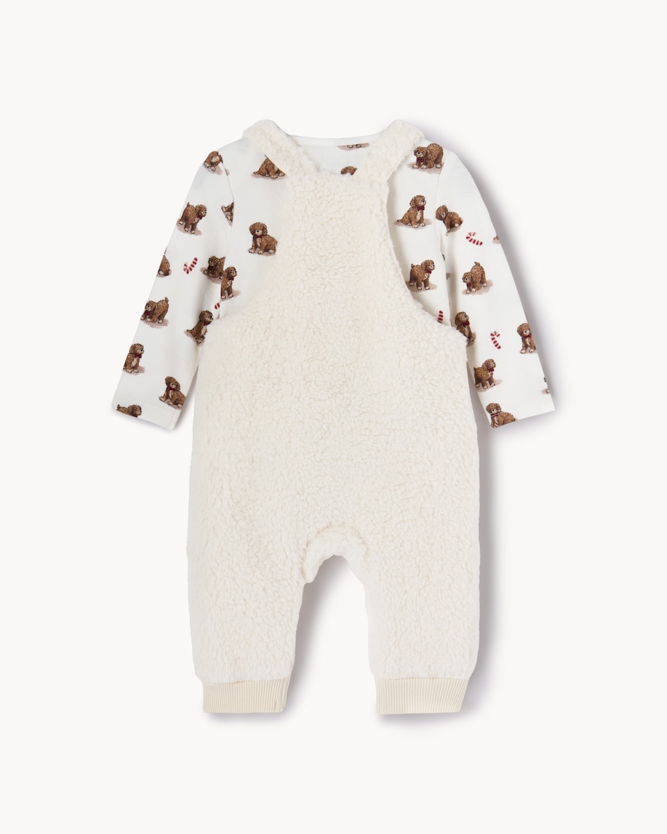 image 1 of Christmas Baby Fleece Dog Dungarees and Bodysuit Set in Cream