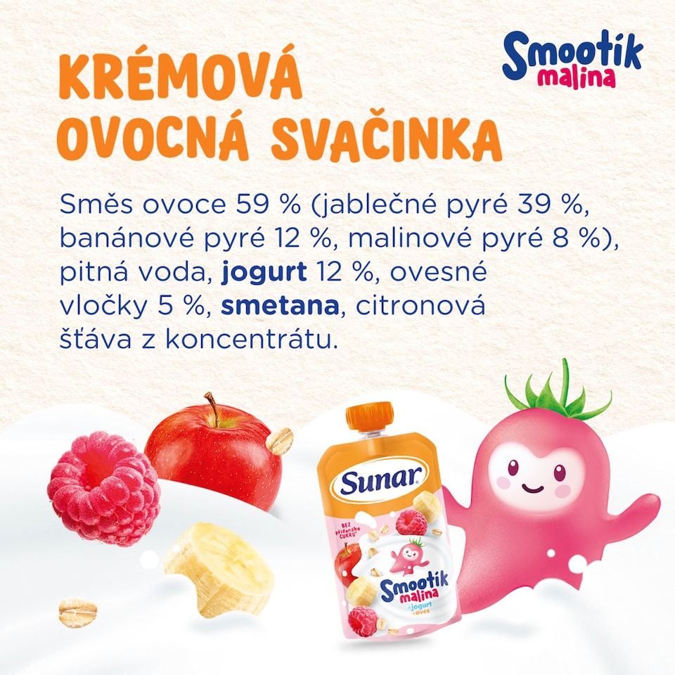 Obrázek 1 pro produkt Sunar Smootík dětská kapsička malina, jogurt, ovesné vločky 12m+, 120g