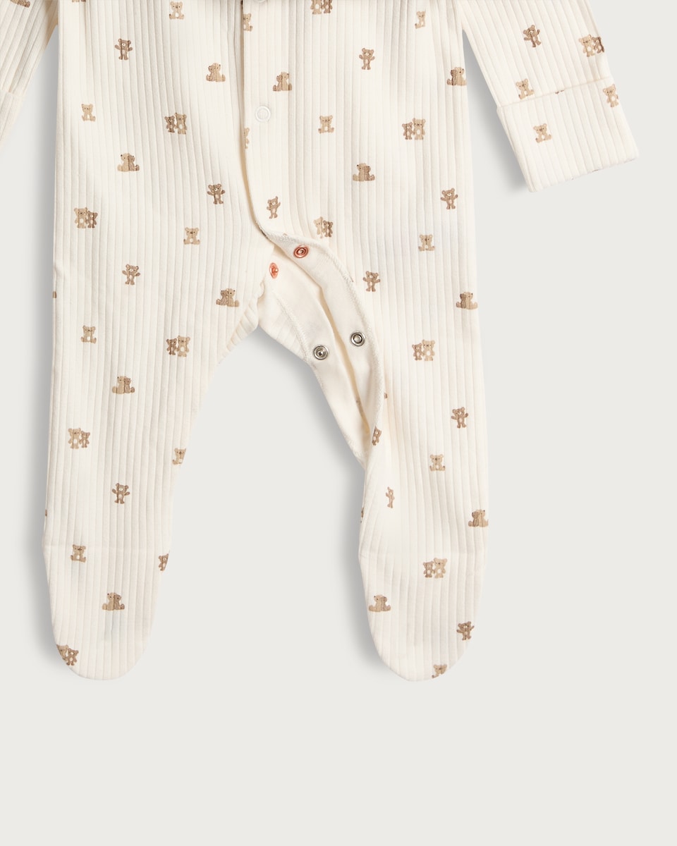 image 1 of F&F Baby 3-Piece Cotton Rich Teddy Print Sleepsuit, Gilet and Hat Set in White