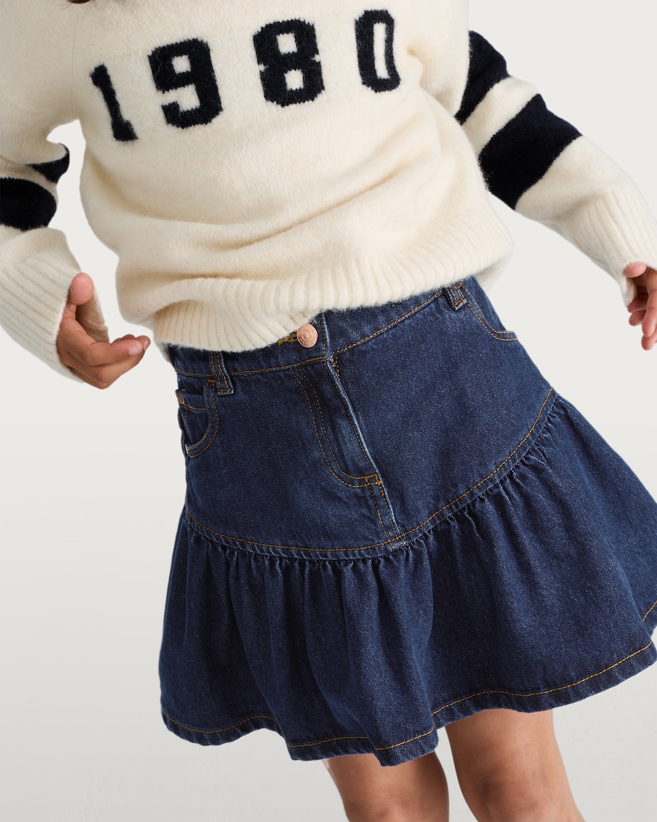 image 1 of F&F Girls Pure Cotton Tiered Denim Skirt in Blue