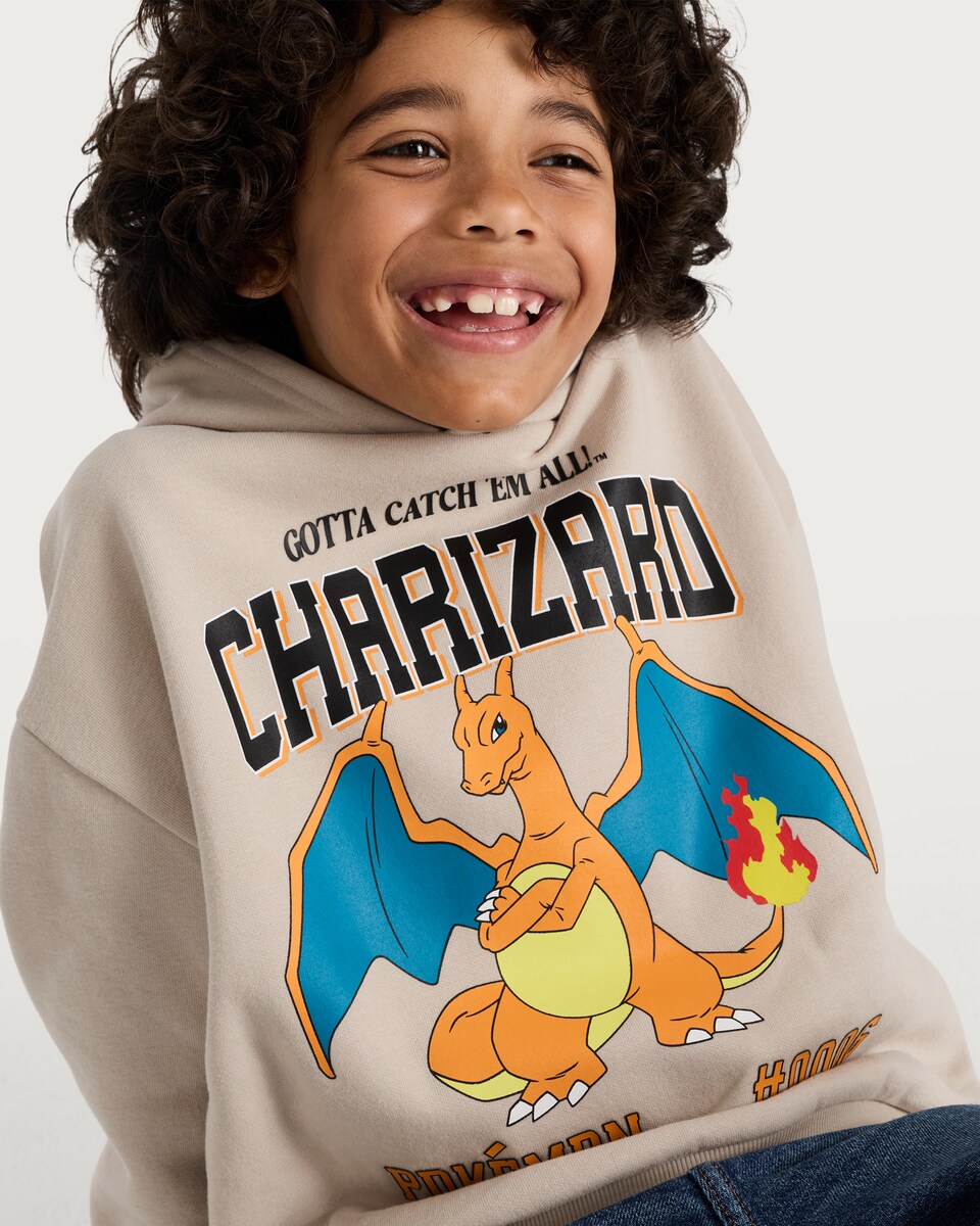 image 1 of Pokemon Charizard Cotton Rich Hoodie in Stone