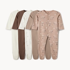 F&F Baby 5-Pack Pure Cotton Sleepsuits in Neutral