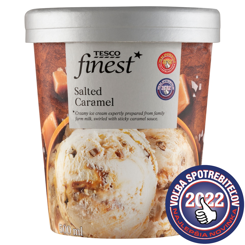 Tesco Finest Smotanový mrazený krém karamelový s polevou slaný karamel a kúskami fondánu 500 ml