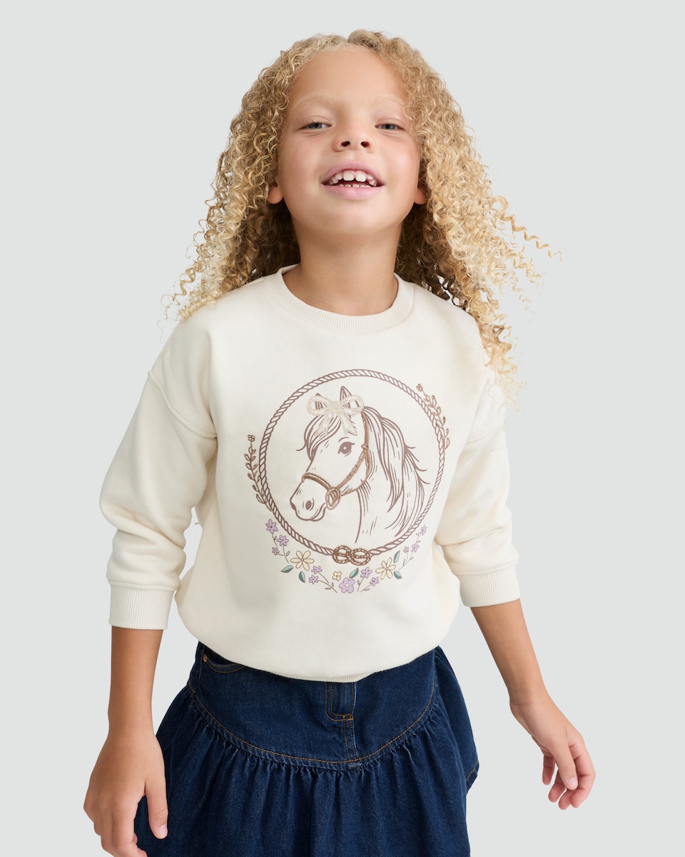 image 1 of F&F Girls Cotton Rich Horse Print Sweatshirt in Cream