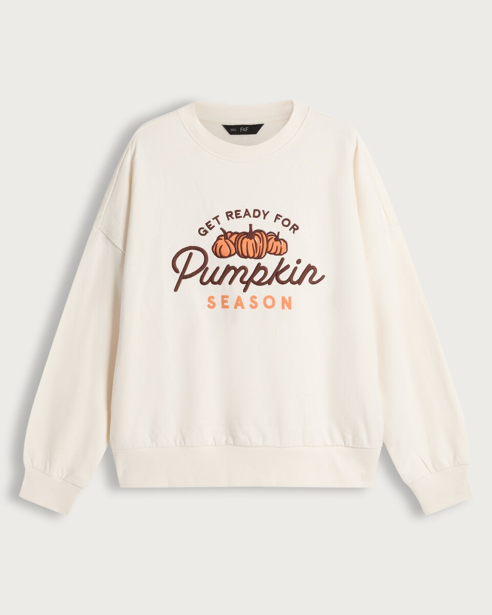 image 1 of F&F Pure Cotton Pumpkin Season Slogan Sweatshirt in Cream